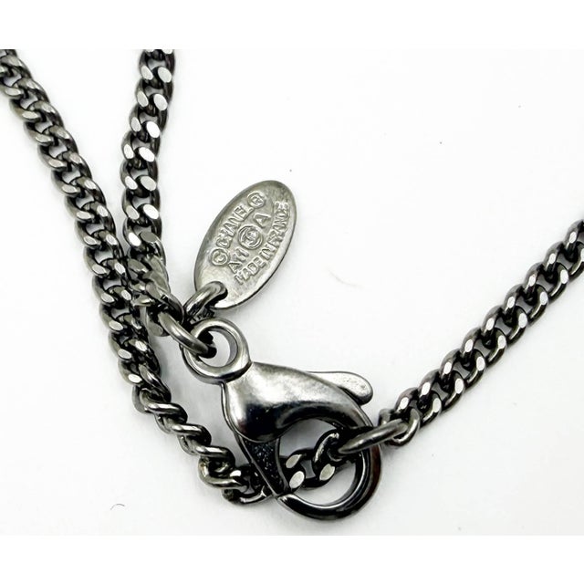 2010s Chanel Rare Gunmetal CC Green Floral Pearl Crystal Necklace For Sale - Image 5 of 5