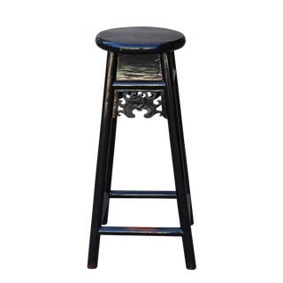 Chinese Handmade Black Solid Elm Wood Bar Stool For Sale