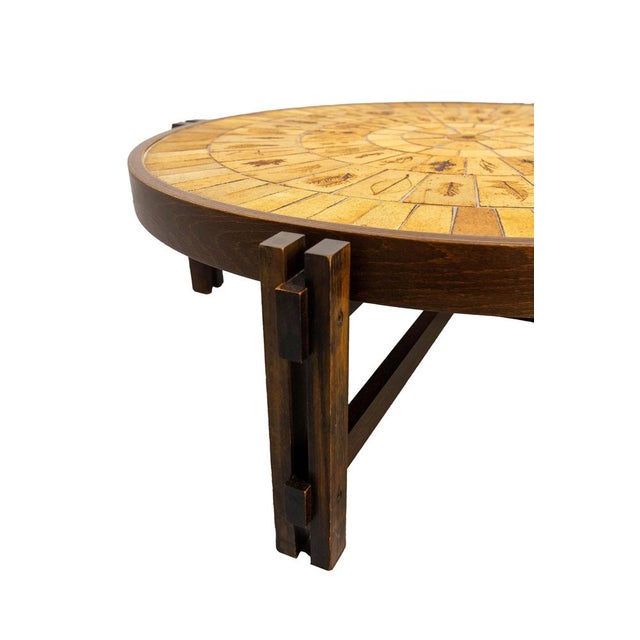 Brown French Round Coffee Table with Herbarium Faience Top by Roger Capron for Vallauris, 1960s For Sale - Image 8 of 10