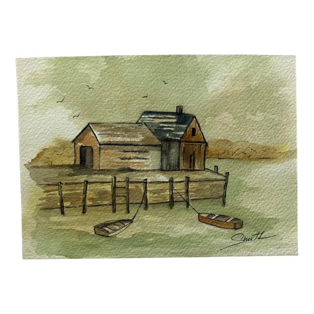 Signed Original Watercolor Seascape “By the Dock of the Bay” For Sale