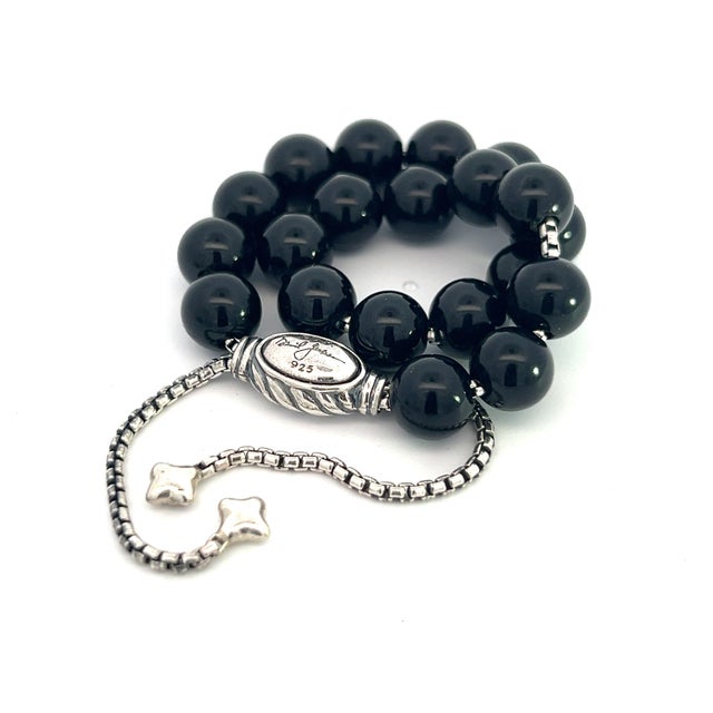 1990s David Yurman Estate Onyx Polished Beads Bracelet 6.6 - 8.5" Silver 8 Mm For Sale - Image 10 of 11
