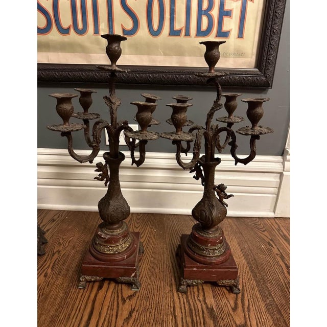 French 19th Century French Patinated Bronze Spelter and Rouge Griotte Marble Candelabras Garnitures Pair For Sale - Image 3 of 12