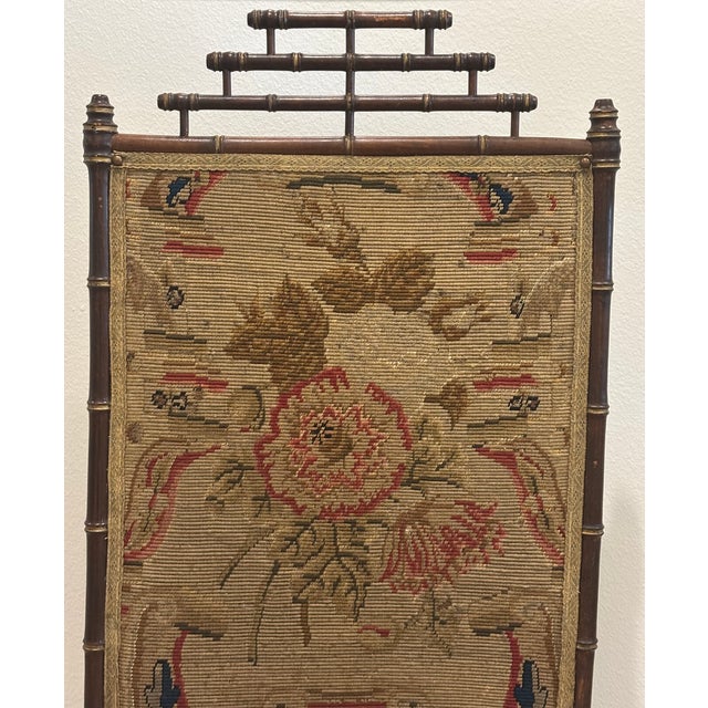 Late 19th Century Antique 19th Century Napoleon III Faux Bamboo Fireplace Screen With Floral Needlework Panel For Sale - Image 5 of 18