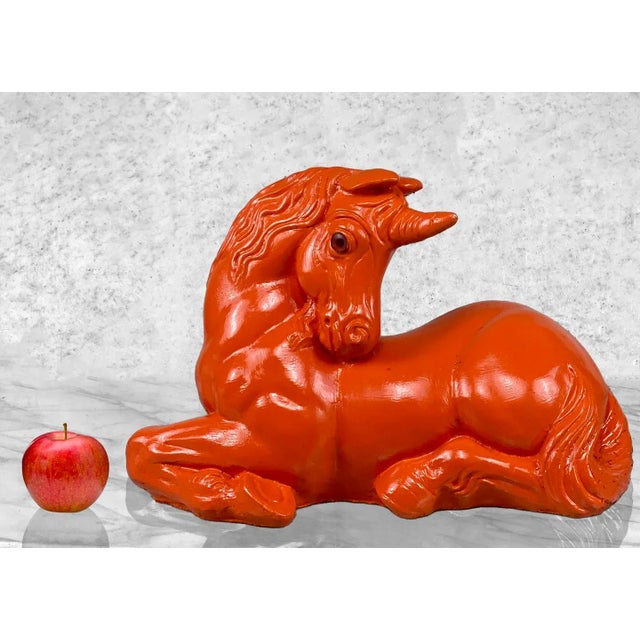 Vintage Hollywood Regency Large Orange Plaster Unicorn Sculpture, c.1982 - Pairs Nicely with Many Eclectic Interior Styles...