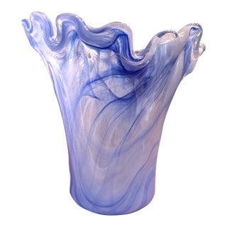 Vintage MCM Vietri Onda Short Ruffled Mouthblown Glass Vase From Italy For Sale
