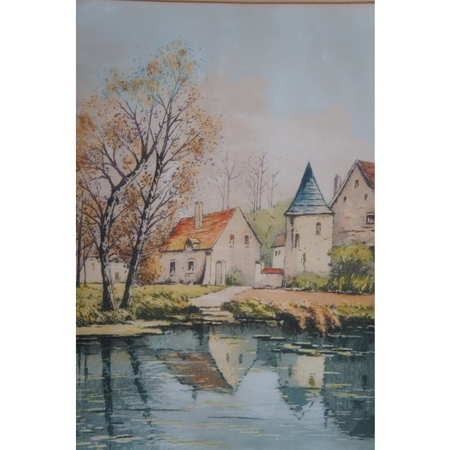 Vintage German Hand Signed Colored Etching European Cottage River Landscape 18" For Sale - Image 4 of 12