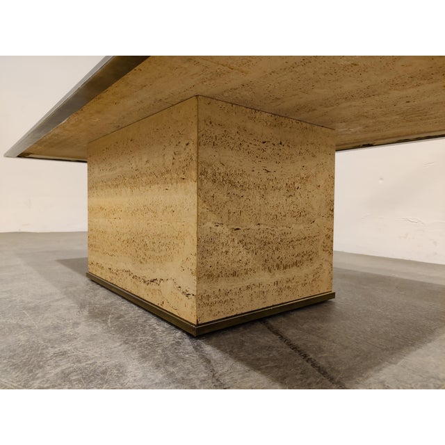 Beige Vintage Travertine and Brass Coffee Table from Fedam, 1970s For Sale - Image 8 of 12