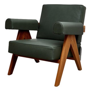 053 Capitol Complex Armchair in Teak and Green Leather by Pierre Jeanneret for Cassina For Sale