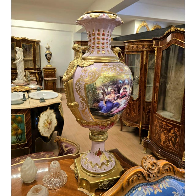 French French Sèvres Porcelain Decorative Vase Set With Hand-Painted Artwork, Gold Leaf Accents & Bronze Mounts For Sale - Image 3 of 4