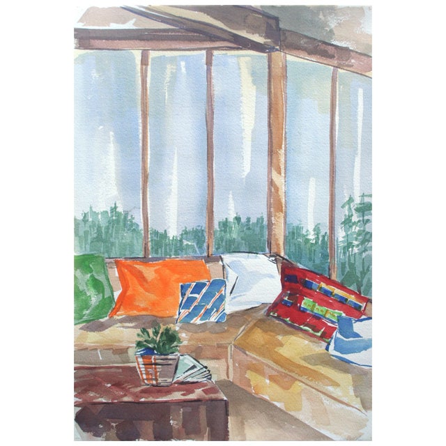 Mid 20th Century "Living Room View" Interior Watercolor Still Life by Doris Warner For Sale - Image 5 of 5