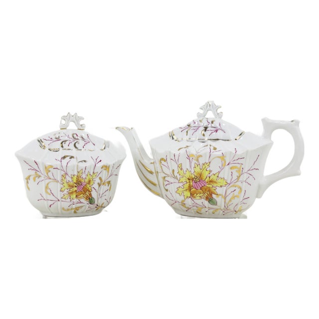 Vintage Hand-Painted Porcelain Tea Set With Floral & Gold Details For Sale