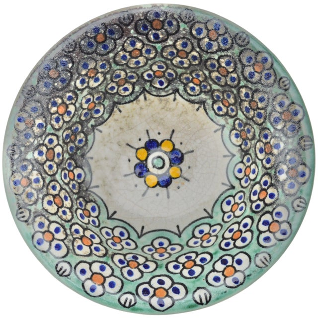 One-of-a-kind antique handcrafted and glazed Moroccan ceramic bowl. Featuring an elaborate hand-painted colorful Arabesque...