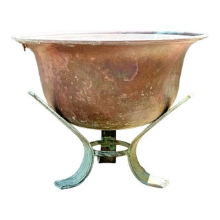 Vintage Patinated Copper Bowl on Verdigris Stand For Sale