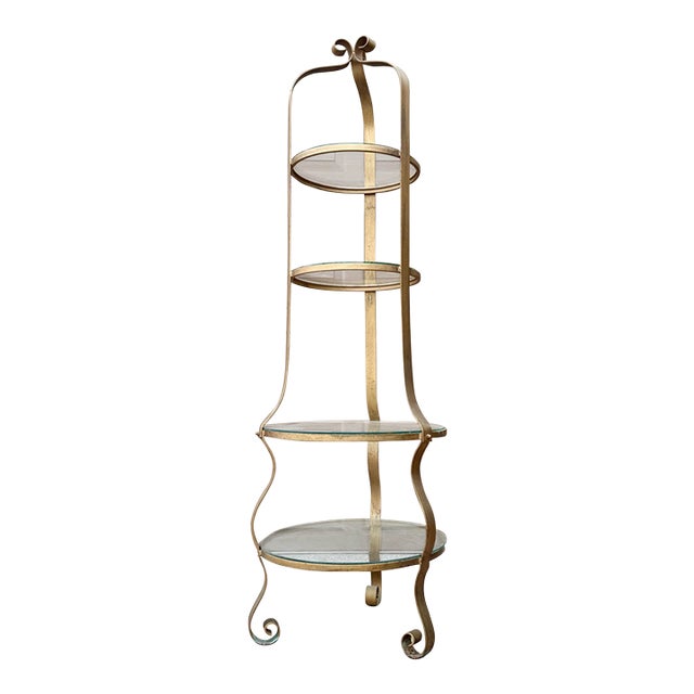 Vintage Hollywood Regency Brass & Glass Plant / Pastry Stand Display Shelving For Sale