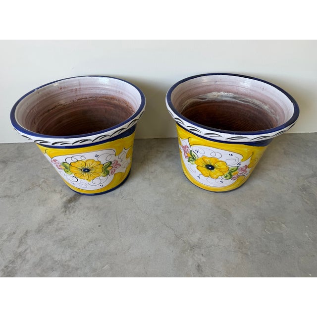 Vintage Italian Tuscan Hand-Painted Terracotta Glazed Planters – A Pair For Sale - Image 11 of 12