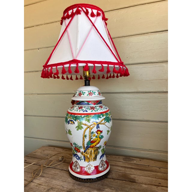 Mid 20th Century Mid 20th Century Chinoiserie Chic Style Peacock Multicolor Jar Table Lamp With Custom Made Shade For Sale - Image 5 of 12