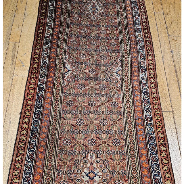Antique Persian Serab Camel Hair Runner Rug, Hand-Knotted Wool, Geometric Pattern, Red & Green, 3x13 For Sale - Image 12 of 17