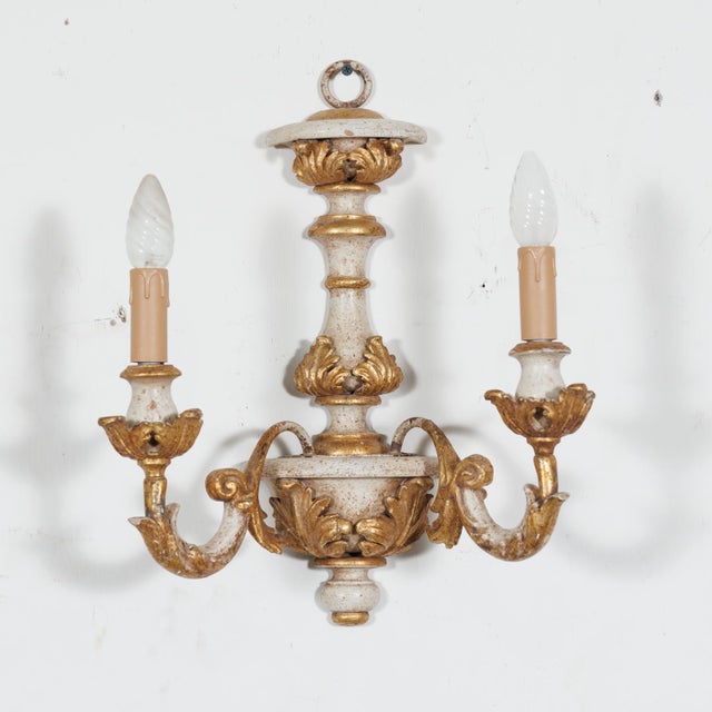 Italian Vintage 20th Century Pair Italian Painted and Parcel Gilt Hand Carved Wooden 2-Light Sconces For Sale - Image 3 of 10