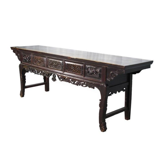 Chinese 96” Inch Long Antique Brown Chinese Altar Console Table – 3 Drawers For Sale - Image 3 of 13