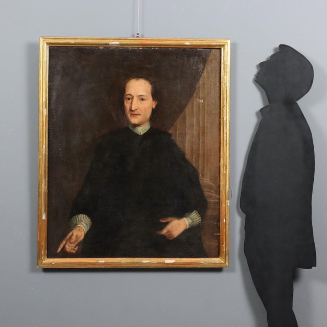 Oil on canvas. Italian school, late 18th century. Portrait of a prelate in his cassock, posing before the curtain that...