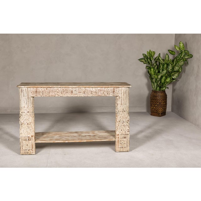 Wood Mughal Style Whitewash Console Table with Carved Apron and Lower Shelf For Sale - Image 7 of 12