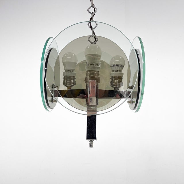 Beautiful, rare art deco chandelier, made of chrome and two kinds of glass. Very good condition (see photo) restored,...