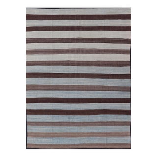 Modern Kilim Hand Woven Casual Rug With Stripes in Shades of Blue and Brown For Sale