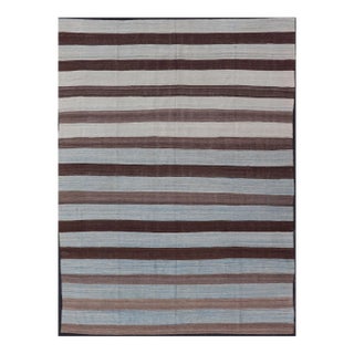 Modern Kilim Hand Woven Casual Rug With Stripes in Shades of Blue and Brown For Sale