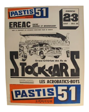 1960s French Stock-Cars Racing Poster, Pastis 51 Liquor Advertisement.