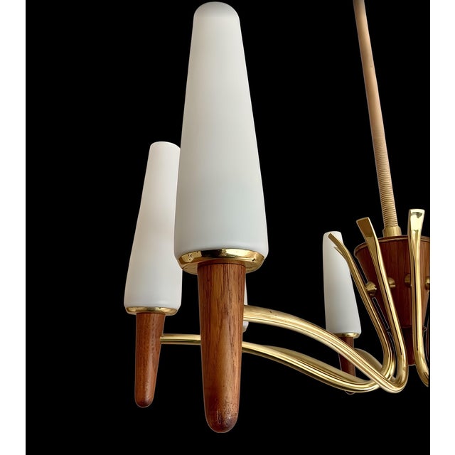 Wood Large Mid-Century Modern Scandinavian Teak, Glass, & Brass Chandelier in the style of Stilnovo, 1960s For Sale - Image 7 of 15