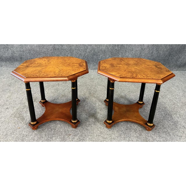 Baker Furniture Company Late 20th Century Pair of Baker Neoclassical Burl Walnut Octagonal Side Tables For Sale - Image 4 of 17