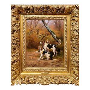 Charles Olivier De Penne-Three French Hounds -Hunting Dogs -19th Century Oil Painting