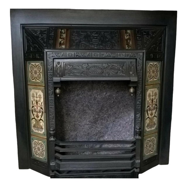 Antique Cast Iron Fireplace Insert with Decorative Tiles For Sale