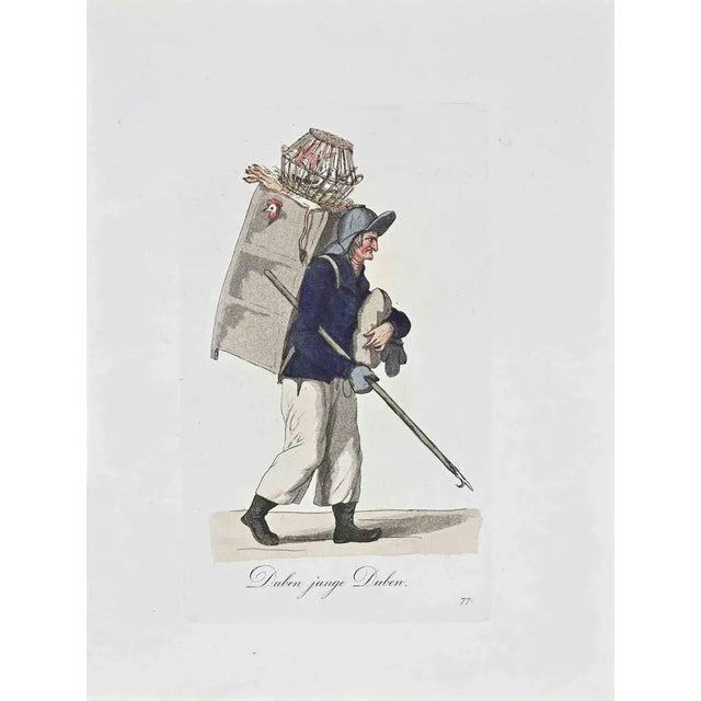 Hand-colored etching by Christoph Suhr in 1808. Belongs to the series "Der Ausruf in Hamburg dargestellt in einhundert und...