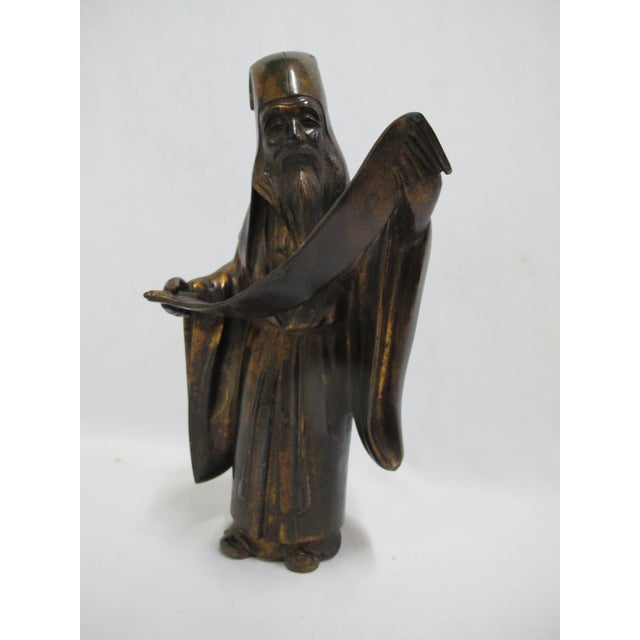 Modern bronze statue of Chinese scholar with scroll. Measures 13" tall x 6" x 5.5". Excellent condition. 10587-83