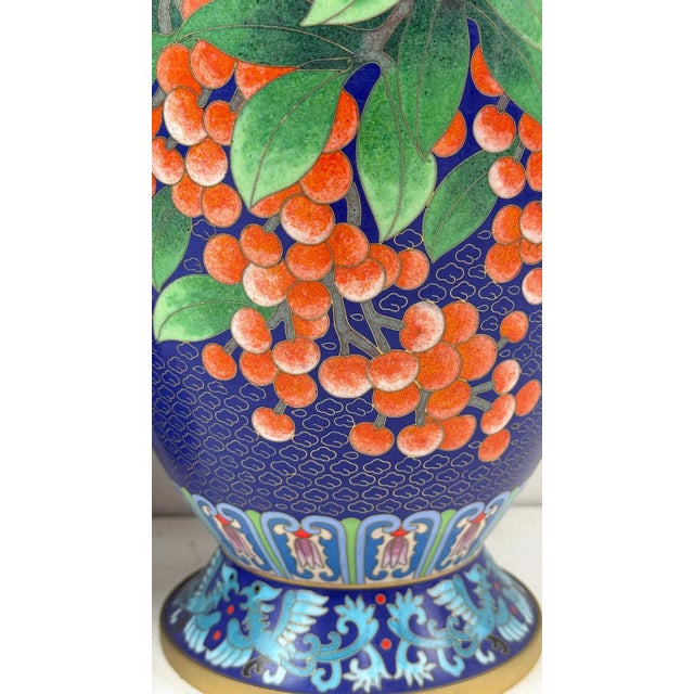 Chinese Pair of Chinese Cloisonne Enamel Vases Blue Ground With Red Berries For Sale - Image 3 of 12