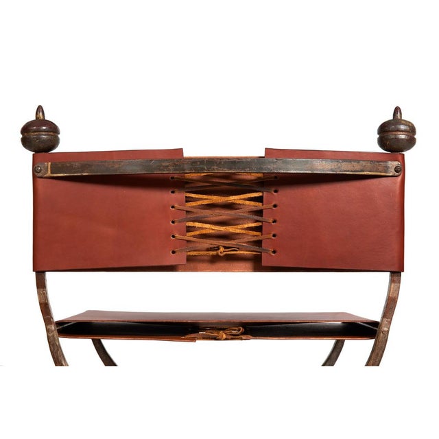 Brown Antique Pair of Wrought-Iron and Leather Savonarola Chairs, Early 20th Century For Sale - Image 8 of 18