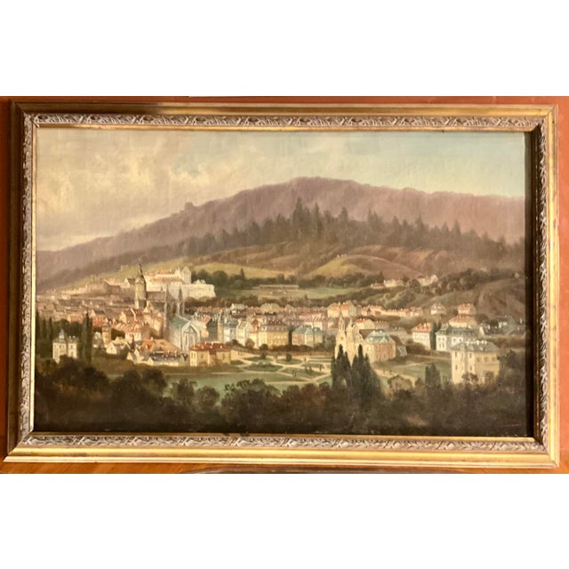 C. 1890 Antique Central European Cityscape Oil Painting With Cathedral and Hillside Castle Framed For Sale - Image 4 of 10