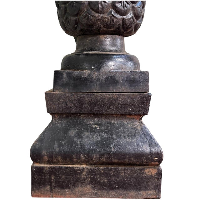 Metal Early 20th Century Pair of 34" Large Black Cast Iron Pineapple Architectural Finials Outdoor Statues For Sale - Image 7 of 10