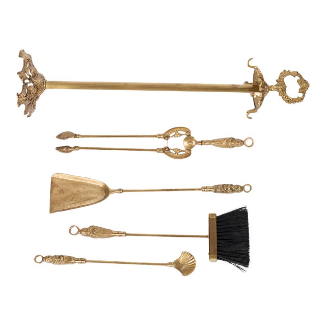 1950s Spanish Revival Brass Don Quixote Fireplace Tools Set - 5 Pieces For Sale
