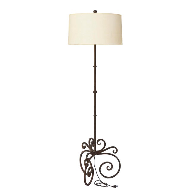 1990s Wrought Iron Spanish Revival Style Floor Lamp/ Custom Linen Drum Shade For Sale - Image 4 of 10