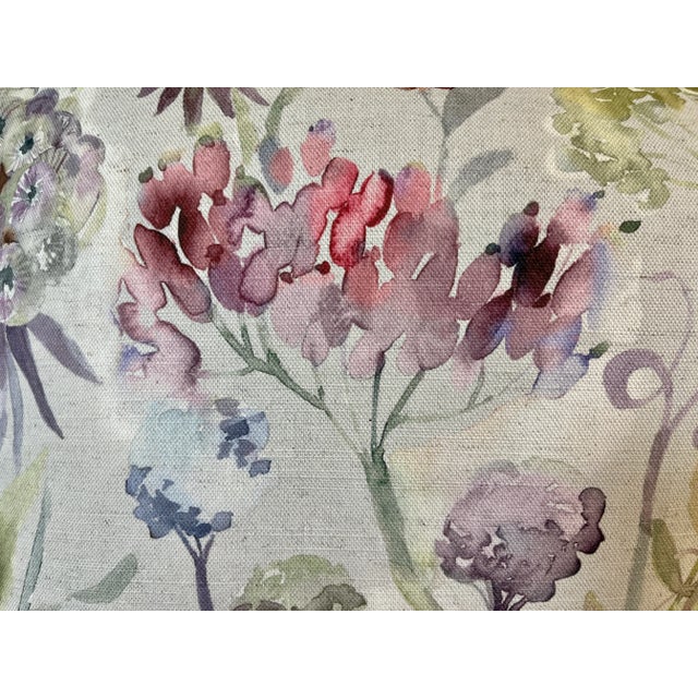 Textile Large Bolster Pillow Decorated With a Muted Water Color Look Floral Pattern in Rich Hues of Pink, Purple and Green - Made in the U K For Sale - Image 7 of 12