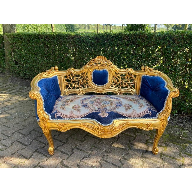 French Late 20thC French Louis XVI Blue Velvet Antique Gold Beech Settee For Sale - Image 3 of 14