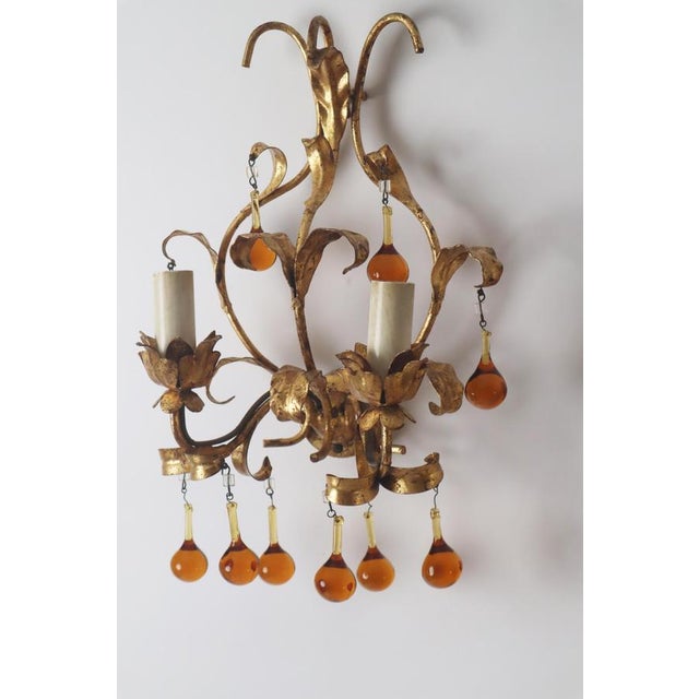 Hollywood Regency Wall Lamps with Dropping Crystal Glass, Italy, 1960s, Set of 2 For Sale - Image 3 of 14