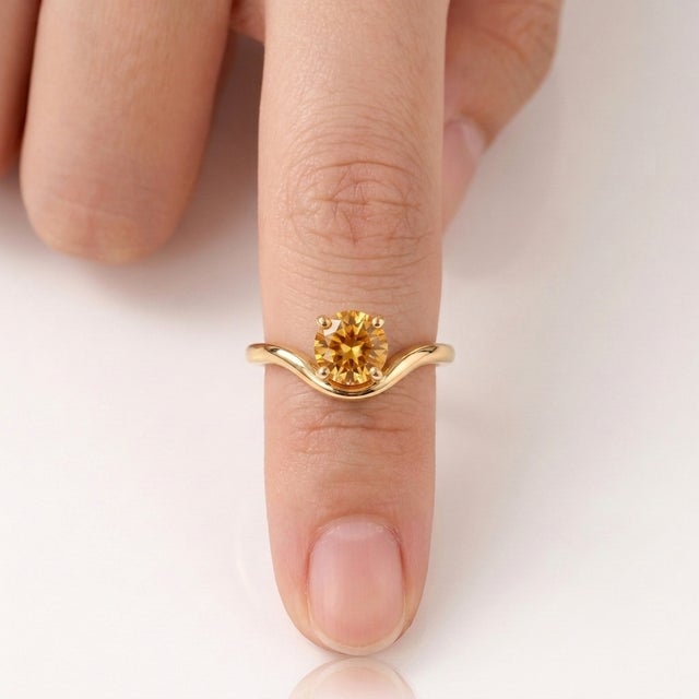 Contemporary Yellow Citrine Curved Solitaire Band • Modern Engagement Stackable Ring • November Birthstone Ring Us 7 For Sale - Image 3 of 3
