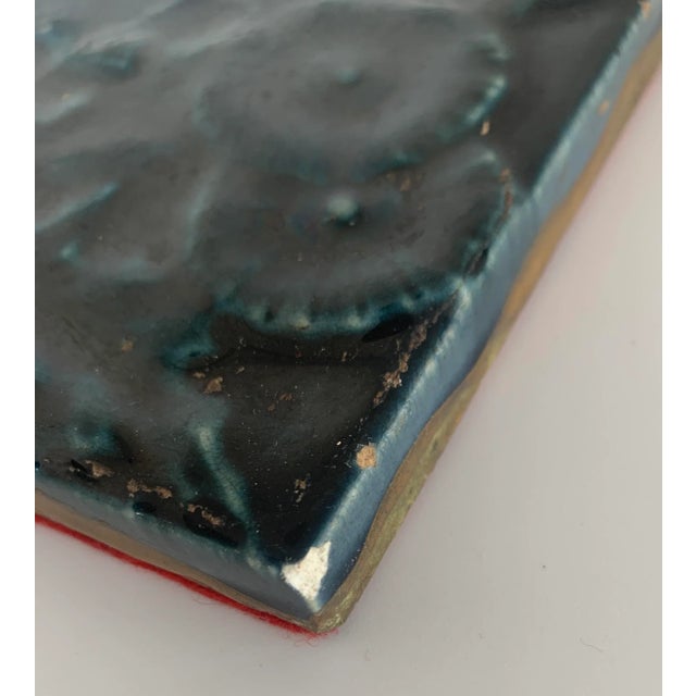 Early 20th Century 'Arts and Crafts' Style Botanical Dark Blue Monochromatic Relief Ceramic Glazed Tile For Sale - Image 10 of 13