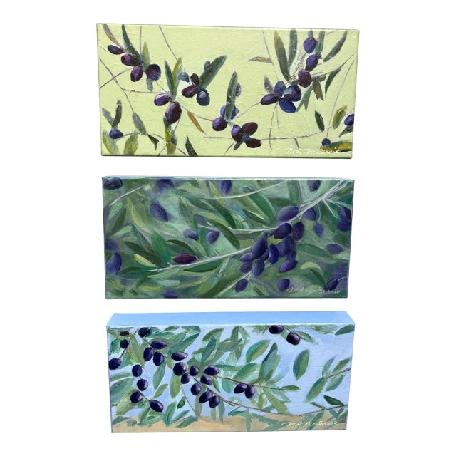 Olive Trio"--3-Piece Set, Contemporary Impressionist Still Lifes of Olive Branches in Purple and Green by Mill Valley Artist Mary Anne McKernie For Sale