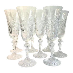 Mid 20th Century Cristallerie De Lorraine Hand Cut Crystal Champagne Flutes Gerard Pattern- Set of 8