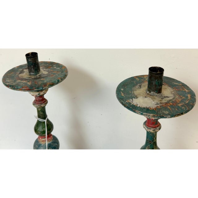 Pair Tuscan Polychrome Wooden Altar Candlesticks, Worn Patina, 18th / 19th C. For Sale - Image 13 of 17
