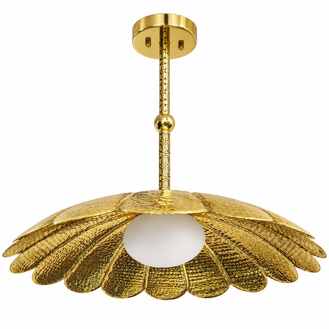 Handmade Brass Flower Chandelier, Hammered Floral Pendant Light, Art Deco Ceiling Fixture For Sale - Image 9 of 13